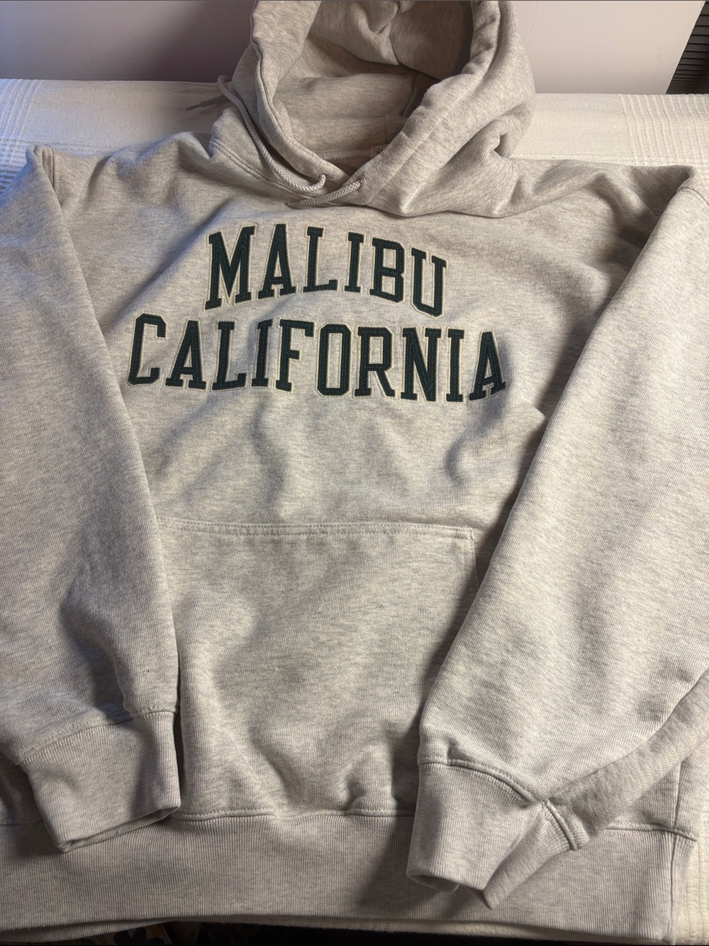 Brandy Melville Light Gray Malibu California Hoodie with Dark Green Text